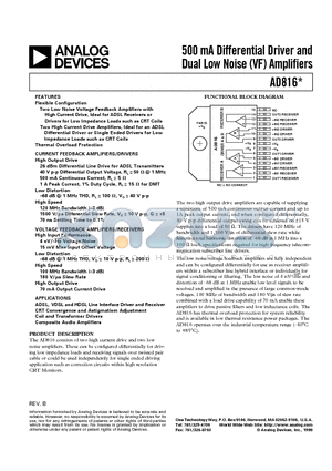 AD816AVR datasheet - 500 mA Differential Driver and Dual Low Noise VF Amplifiers