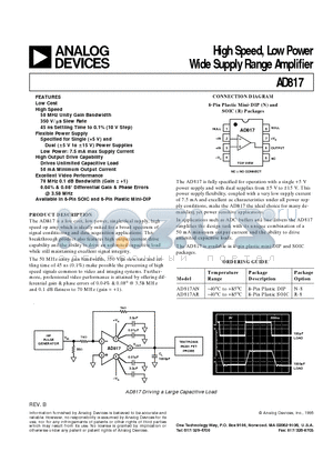 AD817AN datasheet - High Speed, Low Power Wide Supply Range Amplifier