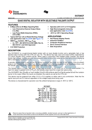 ISO7240CFDWR datasheet - QUAD DIGITAL ISOLATOR WITH SELECTABLE FAILSAFE OUTPUT