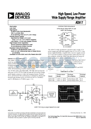 AD817AR datasheet - High Speed, Low Power Wide Supply Range Amplifier