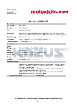 CT-4071-1R datasheet - Assorted Non-Insulated and PVC Insulated Quick Disconnect, Ring, Spade and Butt