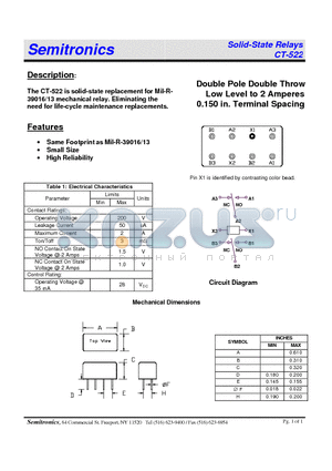CT-522 datasheet - Double Pole Double Throw Low Level to 2 Amperes 0.150 in. Terminal Spacing