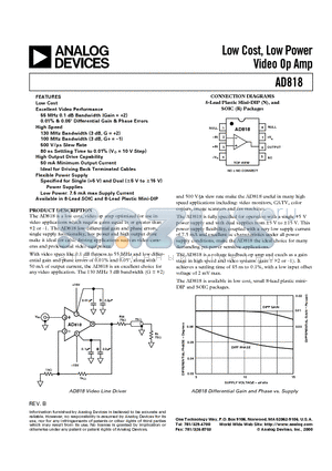 AD818AR datasheet - Low Cost, Low Power Video Op Amp