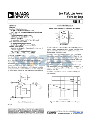 AD818AR-REEL7 datasheet - Low Cost, Low Power Video Op Amp