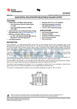 ISO7240CFDWG4 datasheet - QUAD DIGITAL ISOLATOR WITH SELECTABLE FAILSAFE OUTPUT