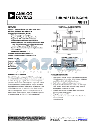 AD8193-EVALZ datasheet - Buffered 2:1 TMDS Switch