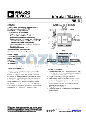 AD8193ACPZ-R7 datasheet - Buffered 2:1 TMDS Switch