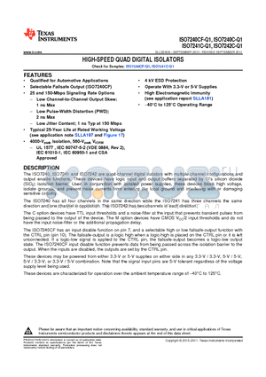 ISO7240CFQDWRQ1 datasheet - HIGH-SPEED QUAD DIGITAL ISOLATORS