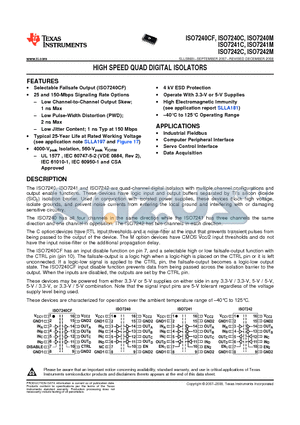 ISO7240MDWG4 datasheet - HIGH SPEED QUAD DIGITAL ISOLATORS