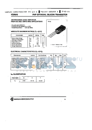 KSA910 datasheet - PNP (DRIVER STAGE AUDIO AMPLIFIER HIGH VOLTAGE SWITCHING APPLICATIONS)