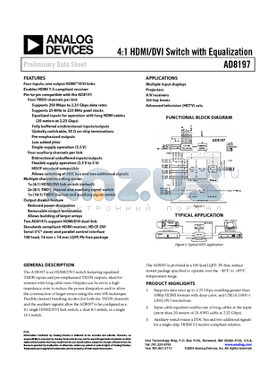 AD8197ASTZ datasheet - 4:1 HDMI/DVI Switch with Equalization