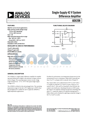 AD8206 datasheet - Single-Supply 42 V System Difference Amplifier