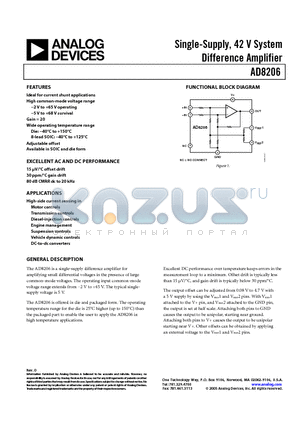AD8206 datasheet - Single-Supply, 42 V System Difference Amplifier