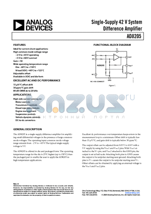 AD8205YR-REEL datasheet - Single-Supply 42 V System Difference Amplifier