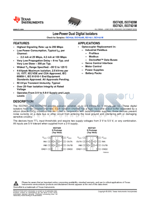 ISO7420D datasheet - Low-Power Dual Digital Isolators