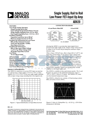 AD820AR-3V datasheet - Single Supply, Rail to Rail Low Power FET-Input Op Amp