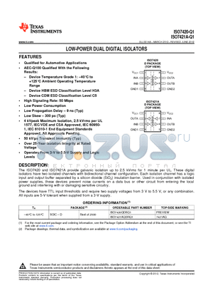 ISO7421A-Q1 datasheet - LOW-POWER DUAL DIGITAL ISOLATORS