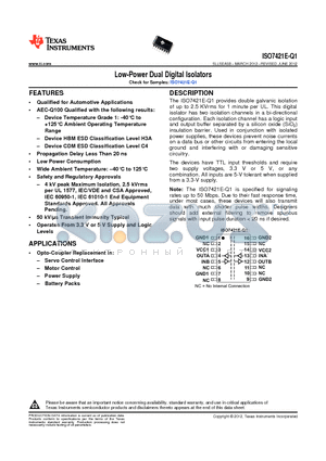 ISO7421E-Q1 datasheet - Low-Power Dual Digital Isolators