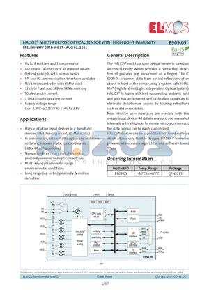 E909-05 datasheet - The HALIOS^ multi purpose optical sensor is based on an optical bridge which provides a contactless detec-tion of gestures (e.g. movement of a finger).