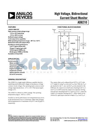 AD8210YRZ-REEL datasheet - High Voltage, Bidirectional Current Shunt Monitor