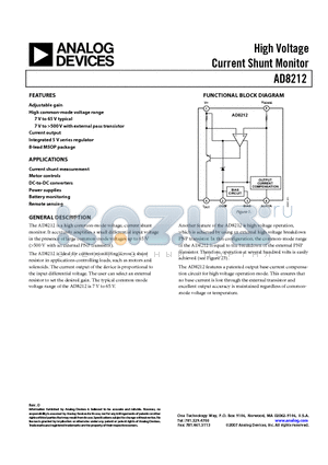 AD8212 datasheet - High Voltage Current Shunt Monitor