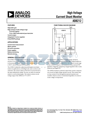 AD8212YRMZ datasheet - High Voltage Current Shunt Monitor