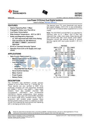 ISO7521CDW datasheet - Low-Power 5 KV(rms) Dual Digital Isolators