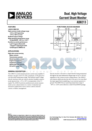 AD8213 datasheet - Dual, High Voltage Current Shunt Monitor