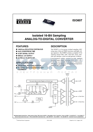 ISO807P datasheet - Isolated 16-Bit Sampling ANALOG-TO-DIGITAL CONVERTER