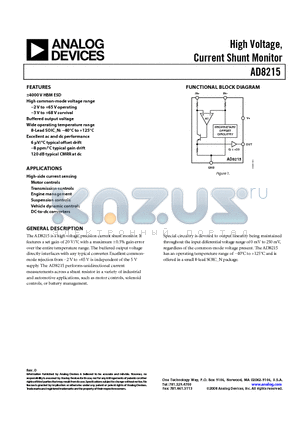 AD8215 datasheet - High Voltage, Curren Shunt Monitor