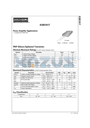 KSB1017 datasheet - Power Amplifier Applications
