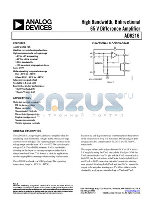 AD8216YRZ datasheet - High Bandwidth, Bidirectional 65 V Difference Amplifier