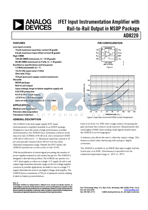 AD8220 datasheet - JFET Input Instrumentation Amplifier with Rail-to-Rail Output in MSOP Package