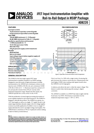 AD8220ARMZ-RL datasheet - JFET Input Instrumentation Amplifier with Rail-to-Rail Output in MSOP Package