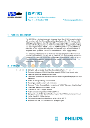 ISP1103DB datasheet - Universal Serial Bus transceiver