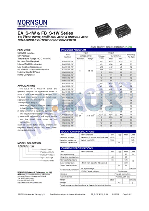 EA0509S-1W datasheet - DUAL/SINGLE OUTPUT DC-DC CONVERTER