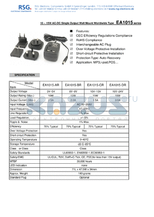 EA1015-DR datasheet - 10 ~ 15W AC-DC Single Output Wall Mount Worldwide Type