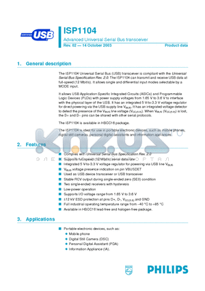 ISP1104W datasheet - Advanced Universal Serial Bus transceiver