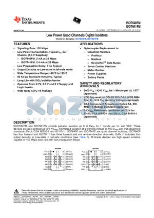 ISO7641FMDW datasheet - Low Power Quad Channels Digital Isolators