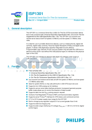 ISP1301 datasheet - Universal Serial Bus On-The-Go transceiver