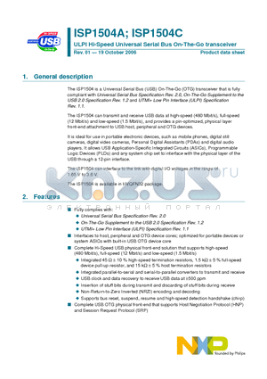 ISP1504ABS datasheet - ULPI Hi-Speed Universal Serial Bus On-The-Go transceiver