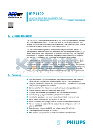 ISP1122NB datasheet - Universal Serial Bus stand-alone hub