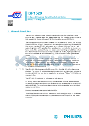 ISP1520 datasheet - Hi-Speed Universal Serial Bus hub controller