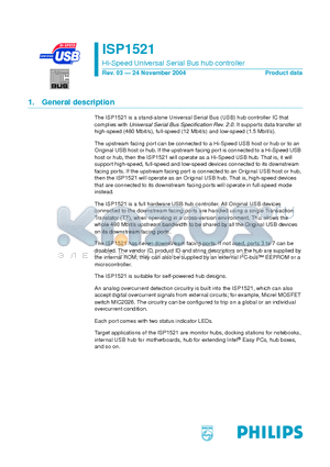 ISP1521 datasheet - Hi-Speed Universal Serial Bus hub controller