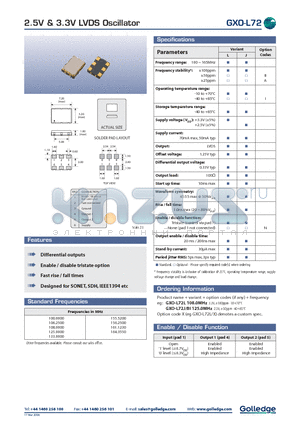 GXO-L72BI datasheet - 2.5V & 3.3V LVDS Oscillator