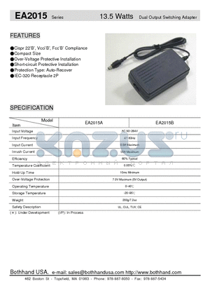 EA2015 datasheet - 13.5 Watts Dual Output Switching Adapter