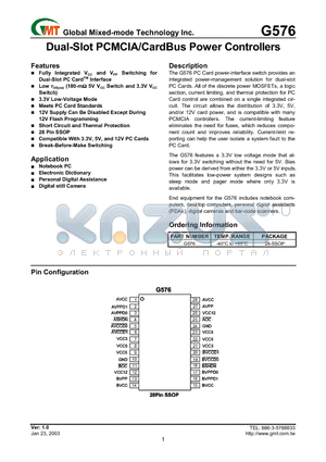 G576 datasheet - Dual-Slot PCMCIA/CardBus Power Controllers