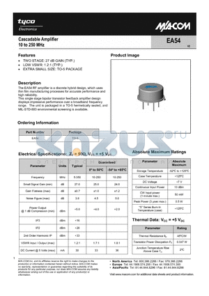 EA54 datasheet - Cascadable Amplifier 10 to 250 MHz