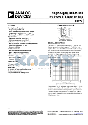 AD822ARMZ datasheet - Single-Supply, Rail-to-Rail Low Power FET-Input Op Amp