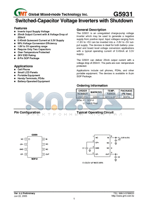 G5931 datasheet - Switched-Capacitor Voltage Inverters with Shutdown